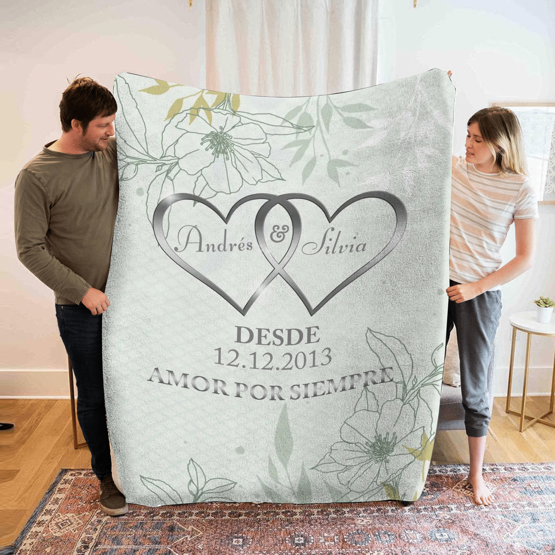 Pareja-Manta de buen calidad de corazones conectados personalizada con nombres, texto y fecha 4 colores-Jessemade ES