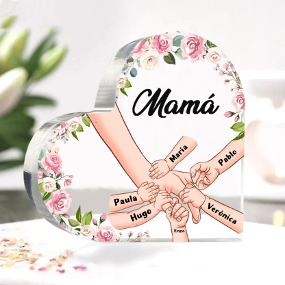 A mi mamá/abuela-Placa de acrílico en forma de corazón mano a mano con 1 texto y 6 nombres personalizados | Jessemade