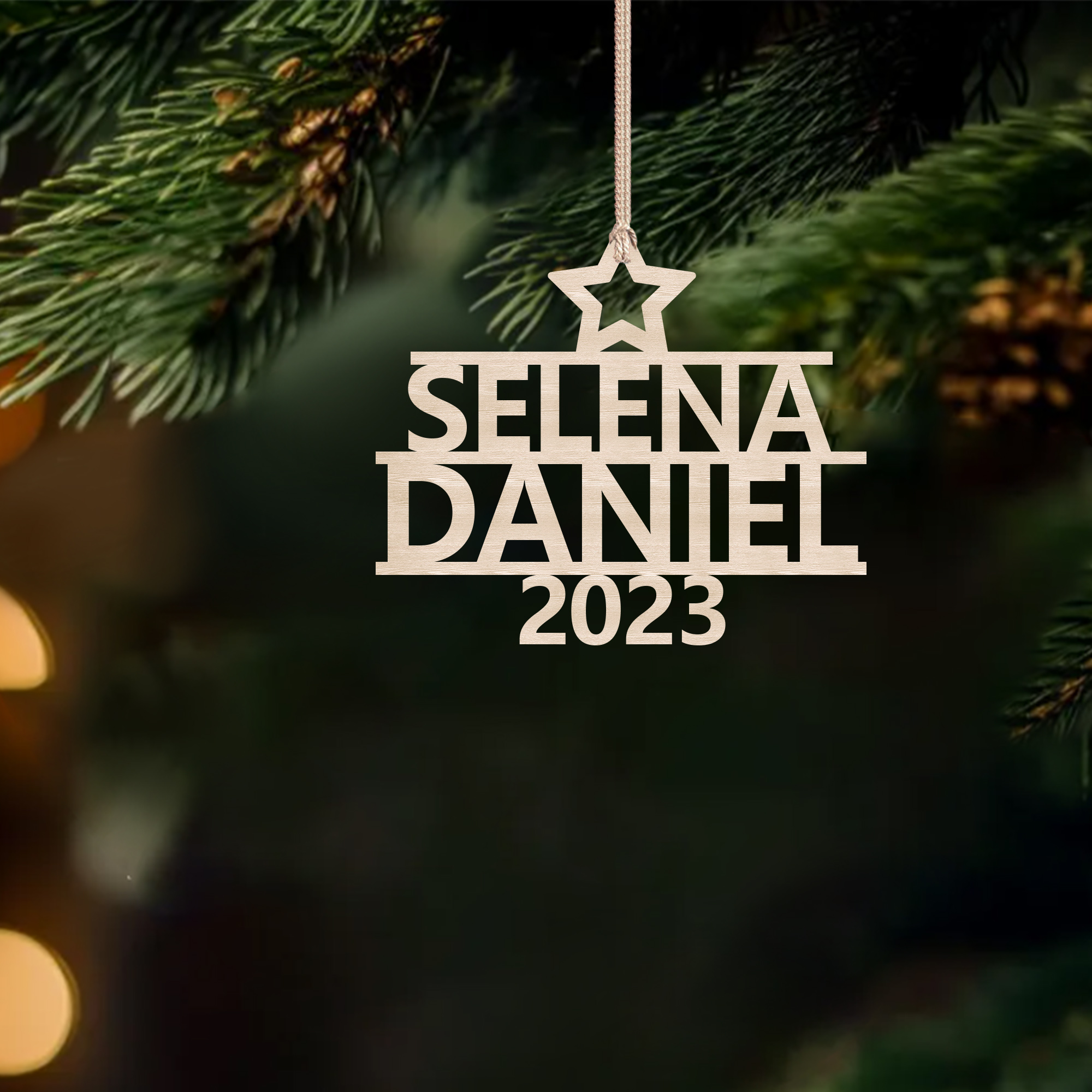 Navidad-Ornamento navideño de madera árbol de nombres con 2 nombres y año personalizados