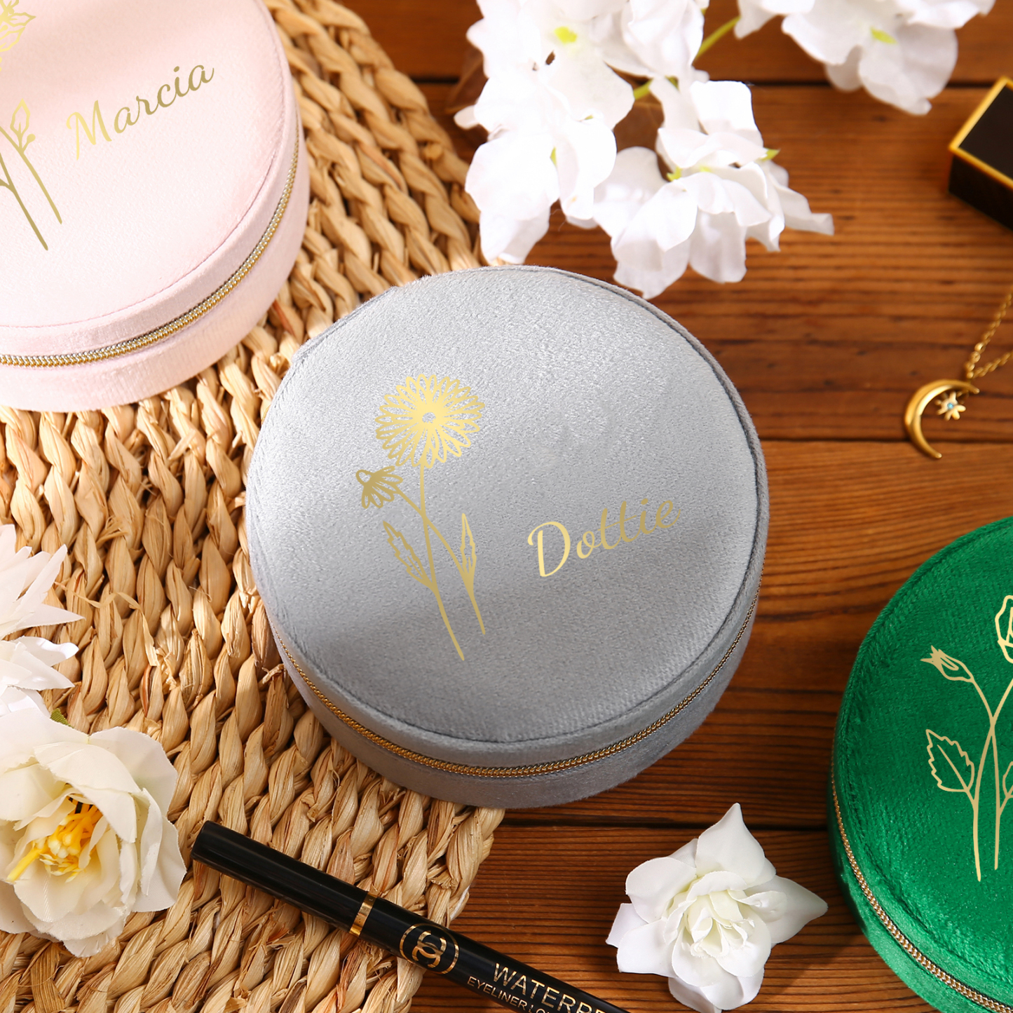 Caja de regalo para joya personalizada con nombre y flor de nacimiento-Jessemade ES