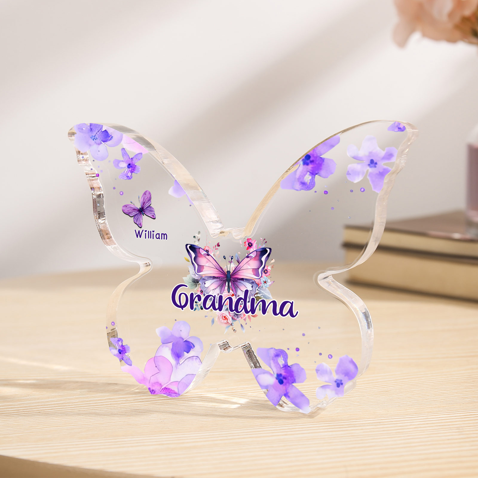 A mi mamá/abuela-Placa de acrílico "Mariposas" en forma de mariposa 1 nombre y 1 texto personalizados-Jessemade ES