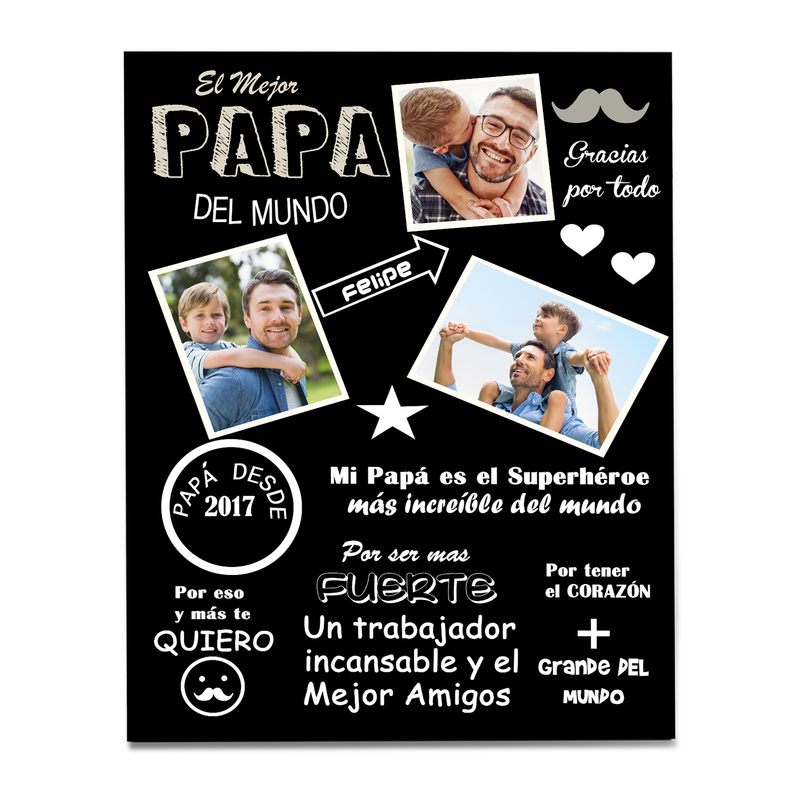 A mi papá - Lámina marco de madera 1 nombre y 1 año personalizados con 3 fotos-Jessemade ES