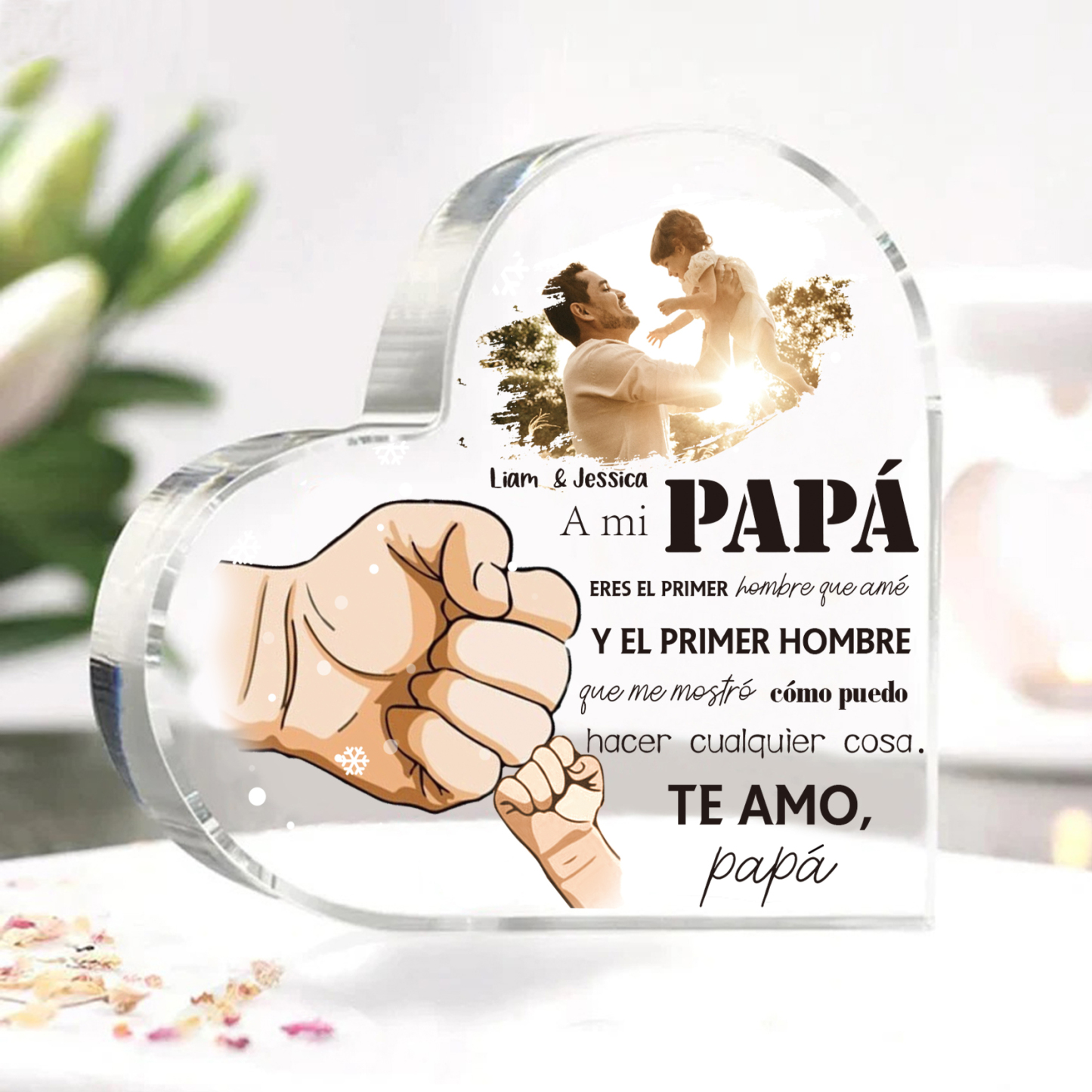 A mi papá-Placa de acrílico en forma de corazón con 2 nombres y 1 foto personalizados-Jessemade ES
