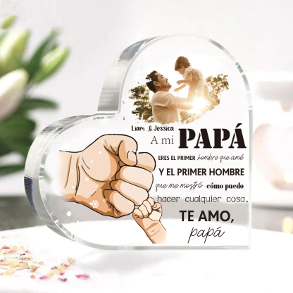 A mi papá-Placa de acrílico en forma de corazón con 2 nombres y 1 foto personalizados-Jessemade ES