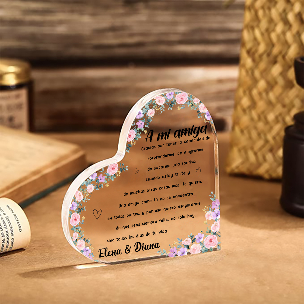 Placa de acrílico en forma de corazón para amiga con 1 texto personalizado-Jessemade ES