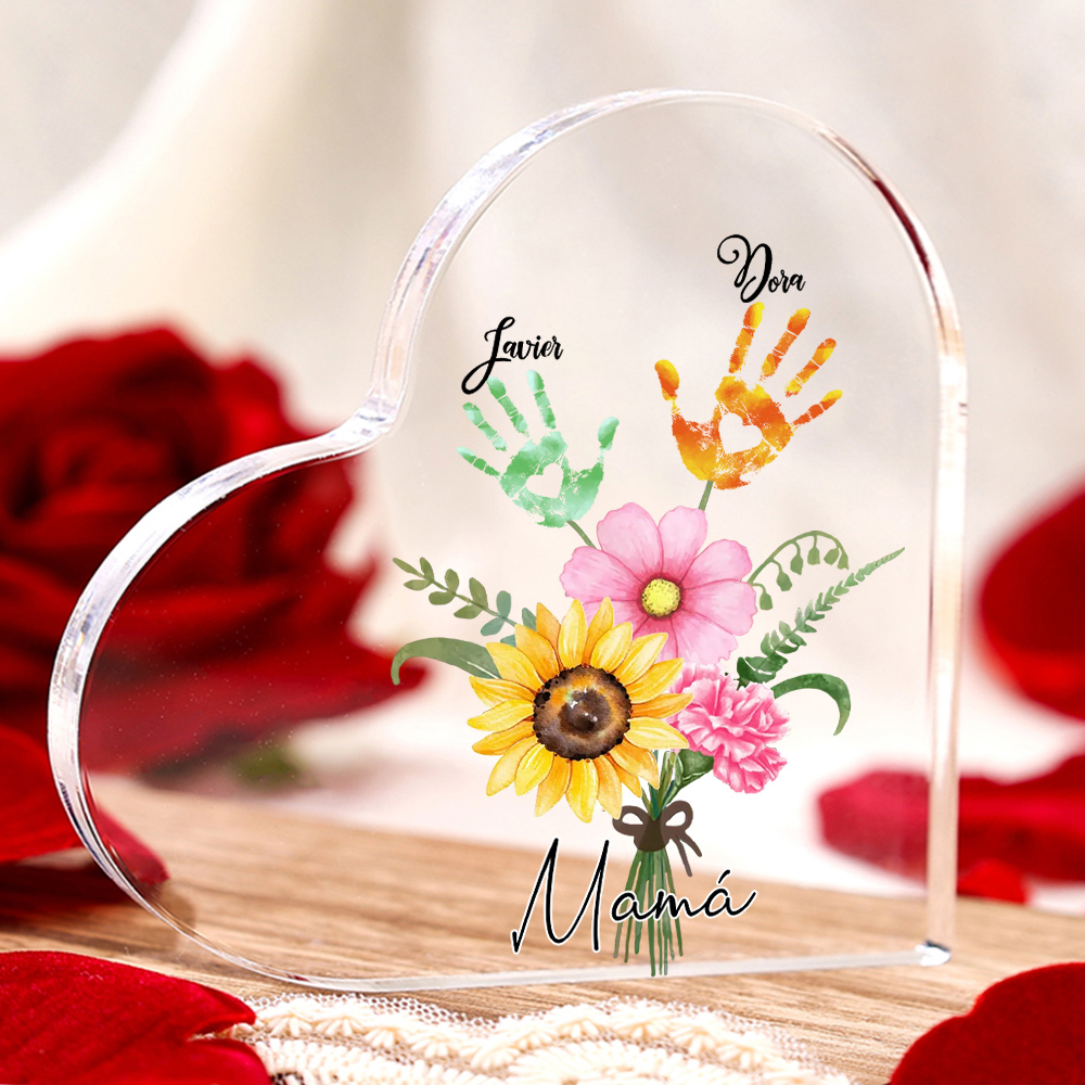 A mi mamá-Placa de acrílico en forma de corazón flor y manitas 1-5 nombres personalizados-Jessemade ES