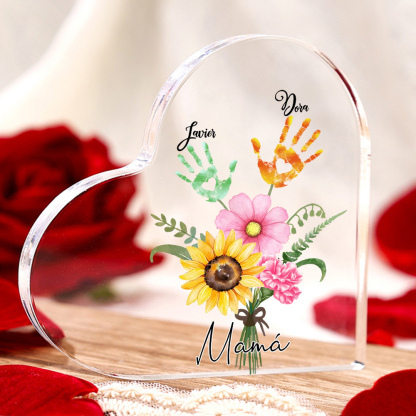 A mi mamá-Placa de acrílico en forma de corazón flor y manitas 1-5 nombres personalizados-Jessemade ES