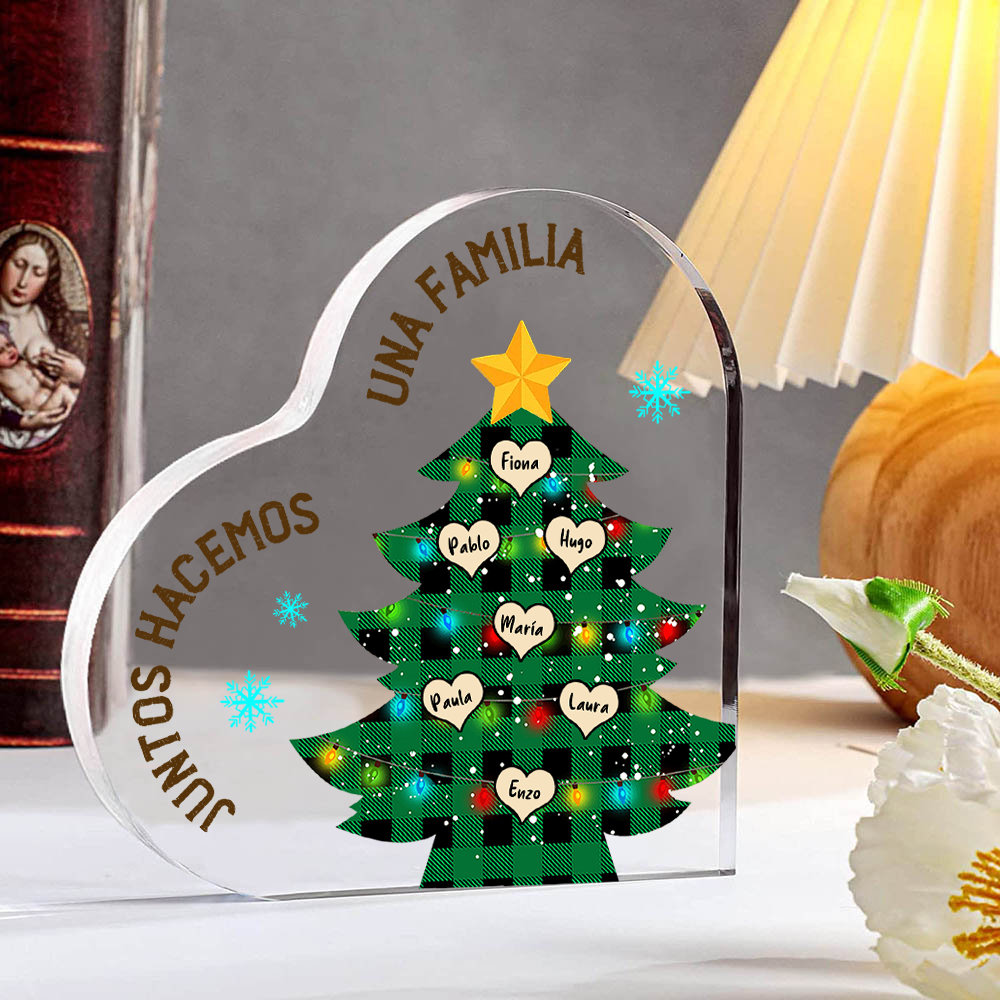 Navidad - Placa de acrílico en forma de corazón árbol con luces con 7 nombres personalizados-Jessemade ES