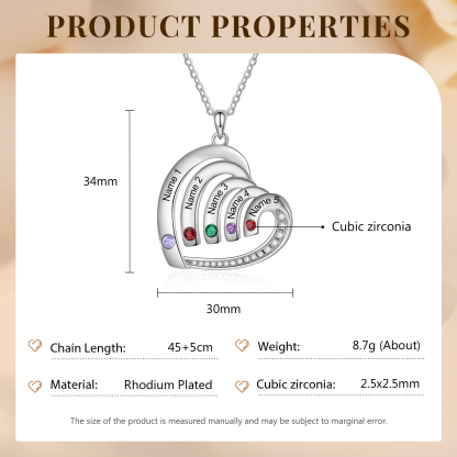 Collar en corazón con 2-5 nombres personalizados y 2-5 piedras de nacimiento-Jessemade ES