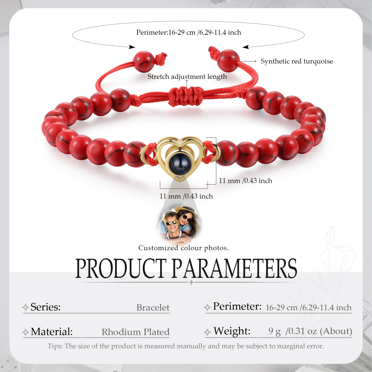 Pulsera de turquesa roja sintética con proyección de foto en color con dije de corazón pulsera ajustable-Jessemade ES