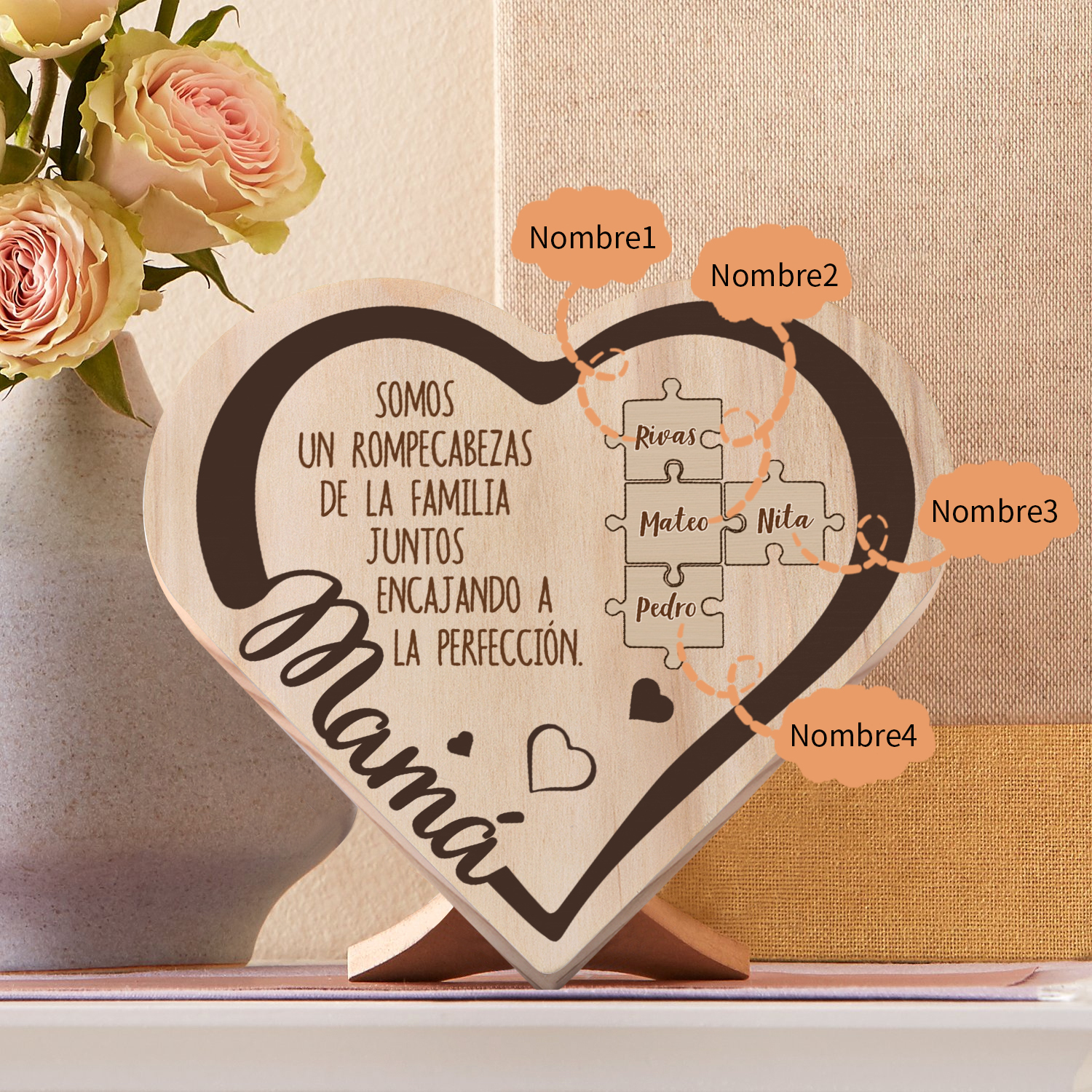 Adorno personalizado con 2-6 nombres decoración de madera en forma de corazón para mi mamá-Jessemade ES