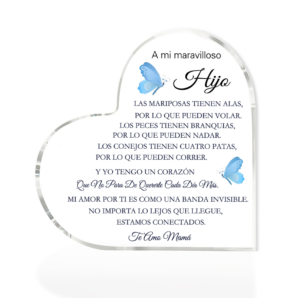 A mi hijo-Placa de acrílico en forma de corazón con 1 texto personalizado-Jessemade ES