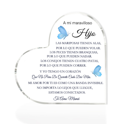 A mi hijo-Placa de acrílico en forma de corazón con 1 texto personalizado-Jessemade ES