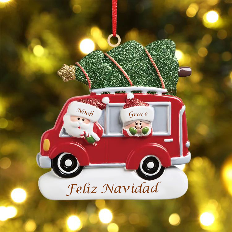 Navidad-Ornamento muñecos navideño de madera Papá Noel y niño texto y 2 nombres personalizados adorno del árbol-Jessemade ES