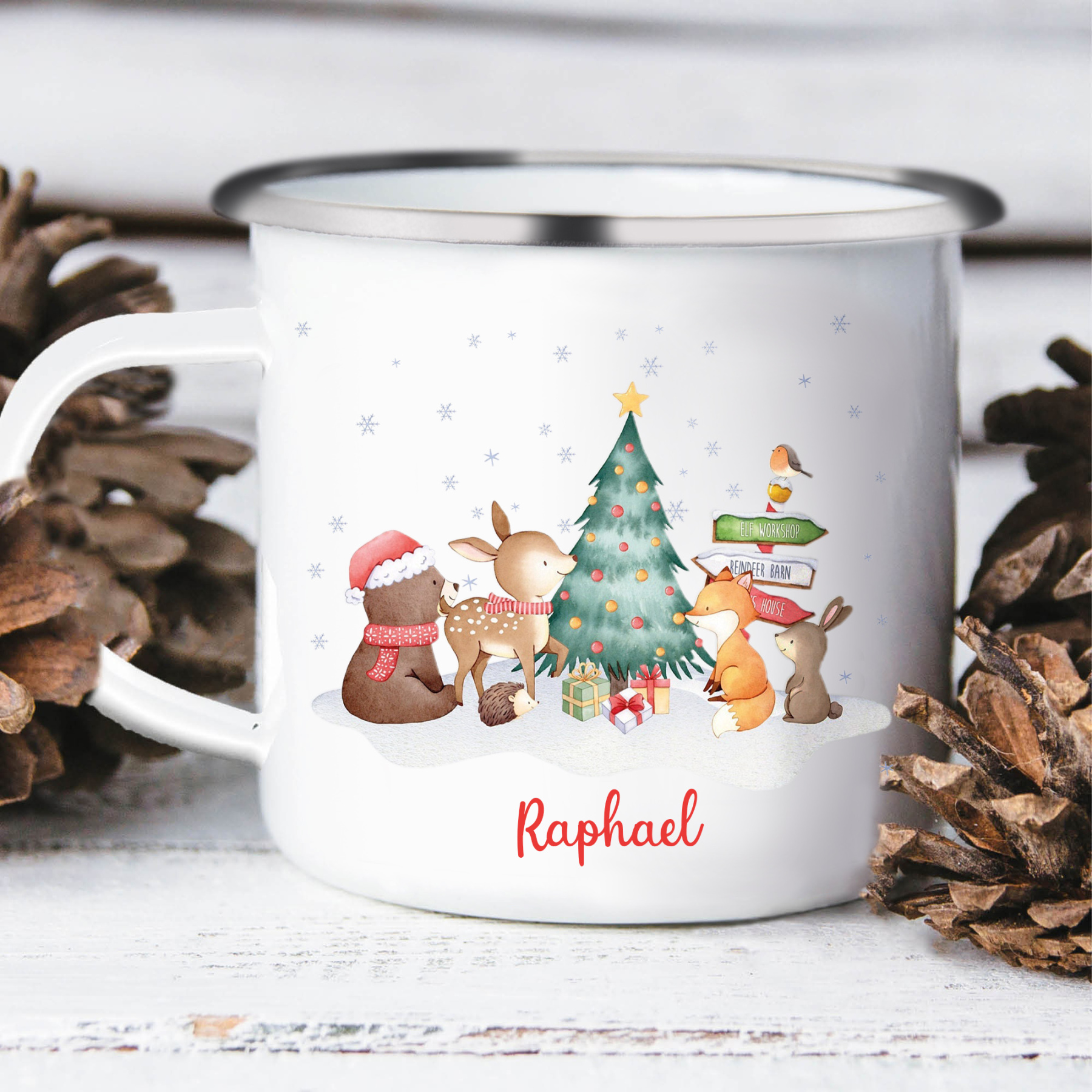 Navidad-Taza fiesta de animales para niños con 1 nombre personalizado-Jessemade ES