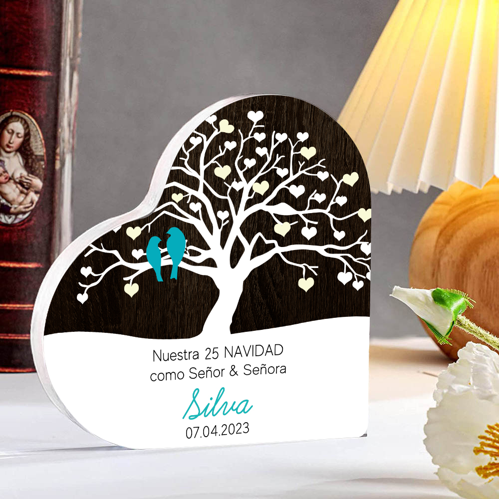 Navidad-Placa de acrílico en forma de corazón aniversario de navidad con número, fecha y apellido personalizados-Jessemade ES