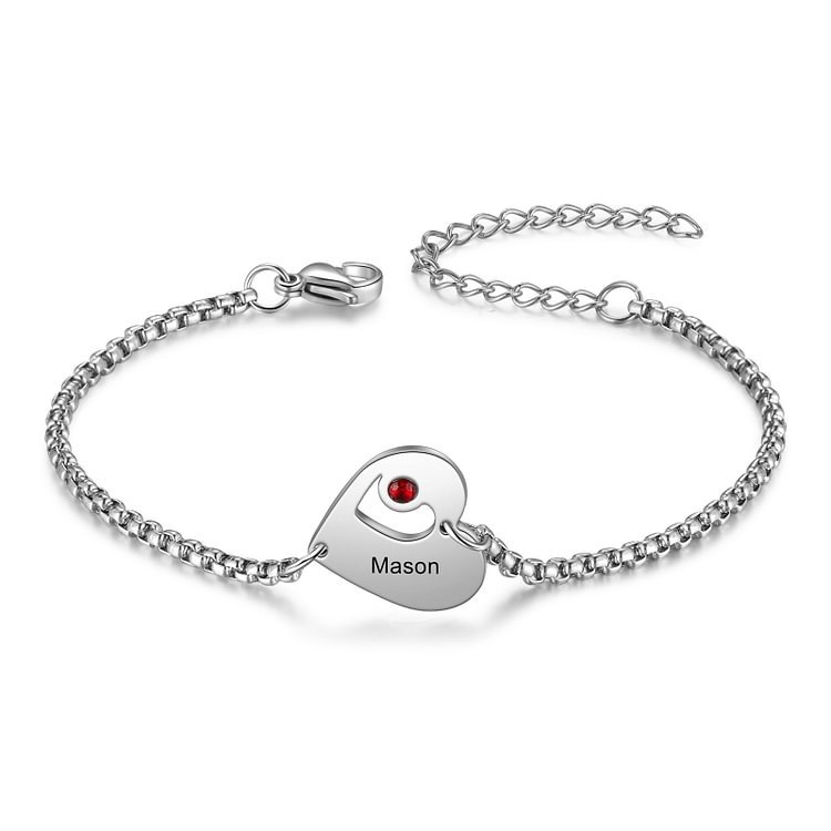 Pulsera de corazón personalizada con 1 nombre y 1 piedra de nacimiento-Jessemade ES