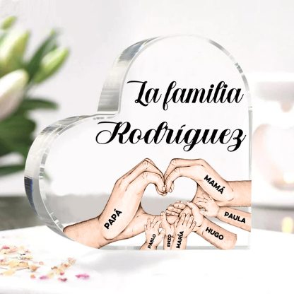 Placa de acrílico en forma de corazón mano a mano con 1 texto y 7 nombres personalizados-Jessemade ES