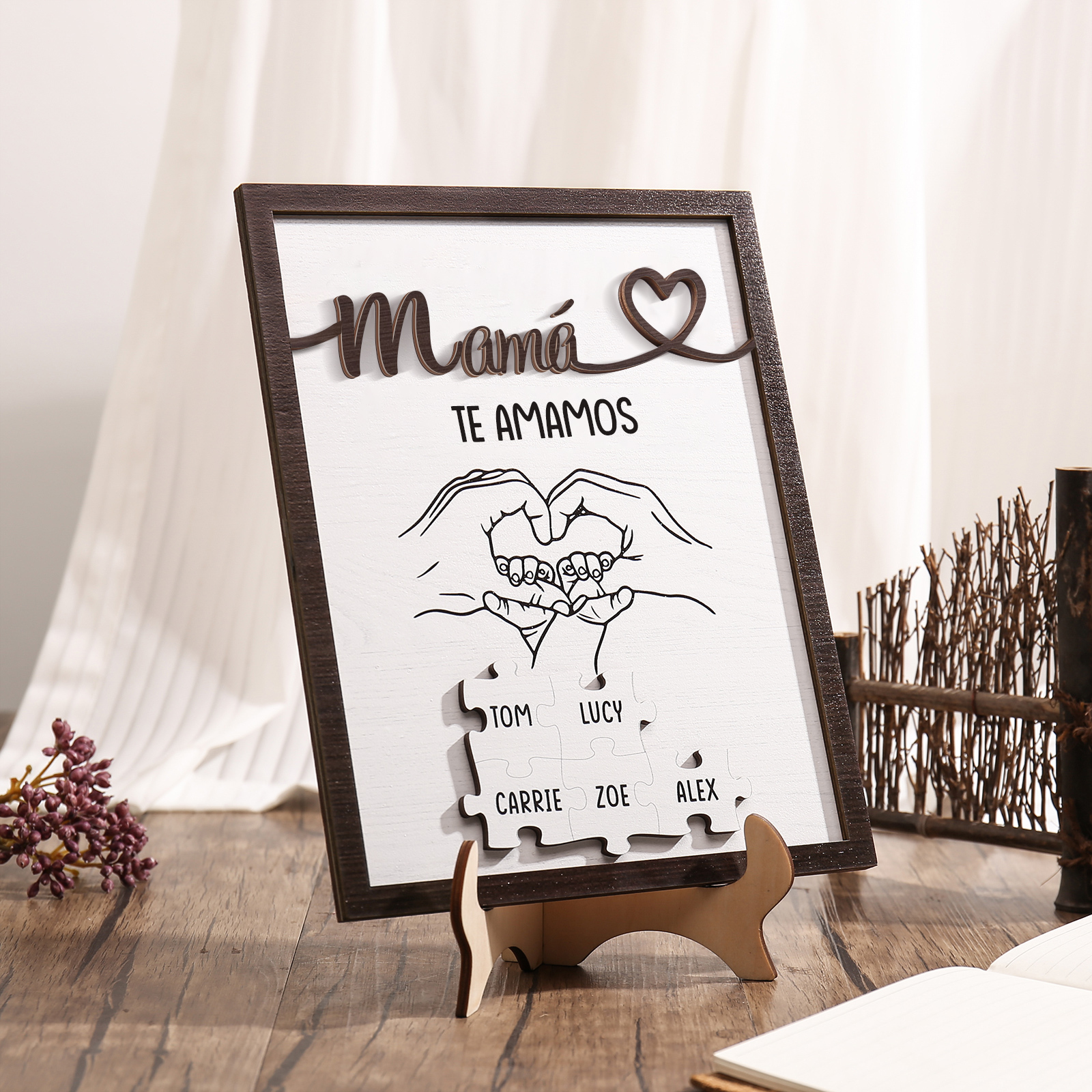 A mi mamá-Adorno 2-6 nombres y 1 texto personalizados decoración de madera rompecabezas-Jessemade ES