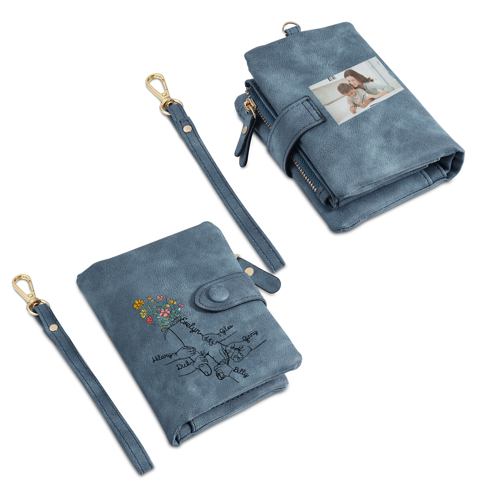 Cartera, billetera con 6 nombres y 1 foto personalizados mano con manito monedero clásico para mujer-Jessemade ES