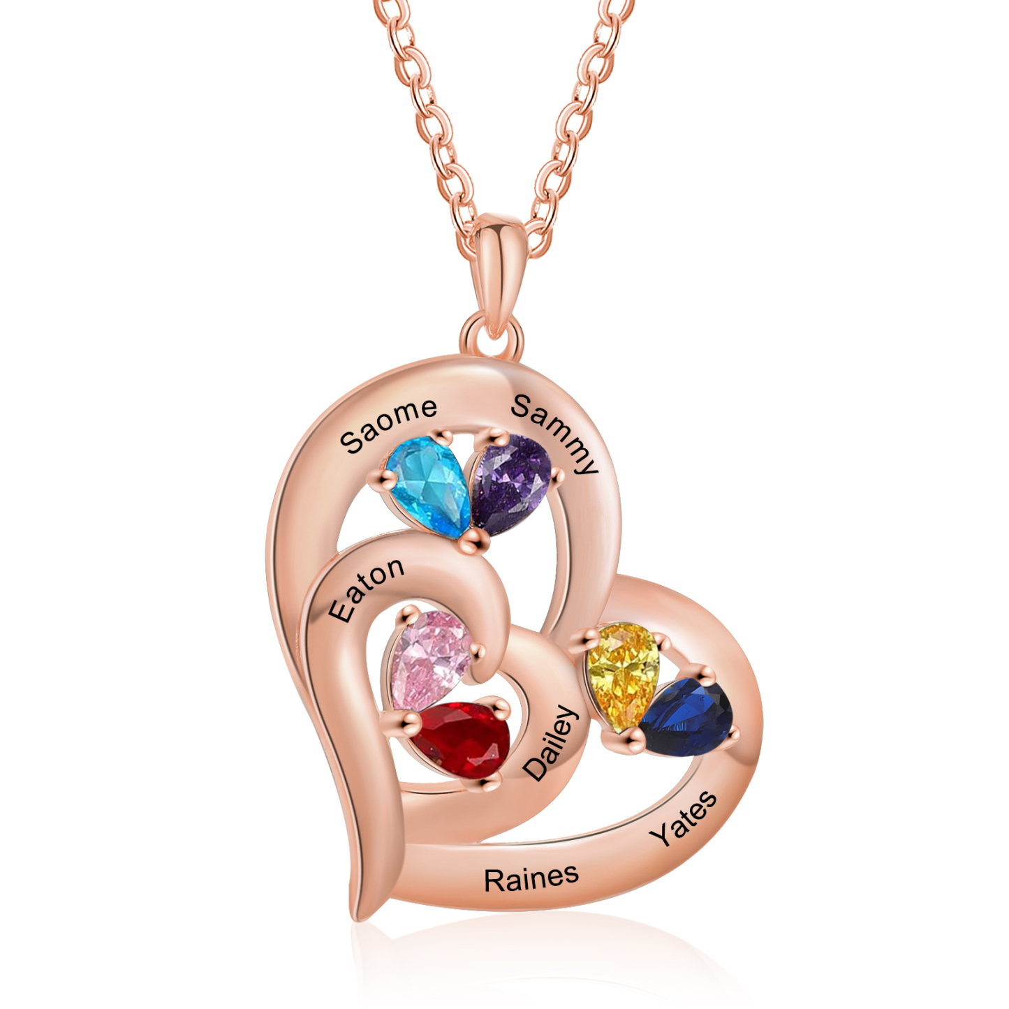 Collar corazón con 1-6 nombres personalizados y 1-6 piedras de nacimiento-Jessemade ES