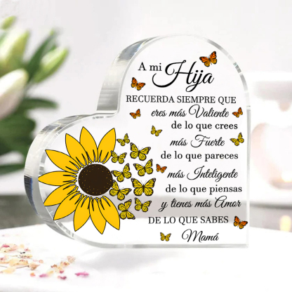 A mi hija-Placa de acrílico en forma de corazón de girasol con 1 nombre personalizado-Jessemade ES