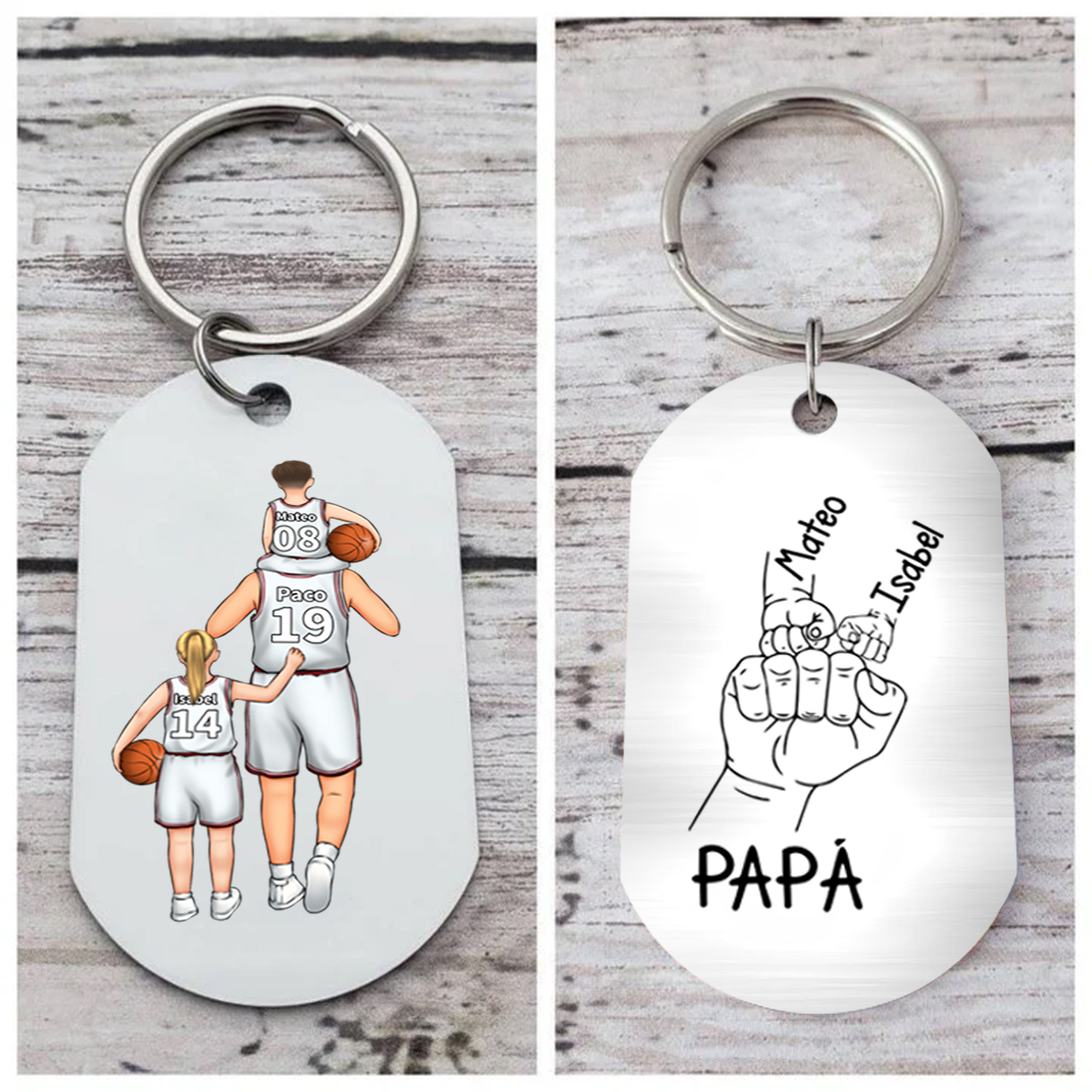 A mi papá-Llavero de placa con baloncesto y puño con puño personalizado con 1-5 nombres, números y figuras-Jessemade ES