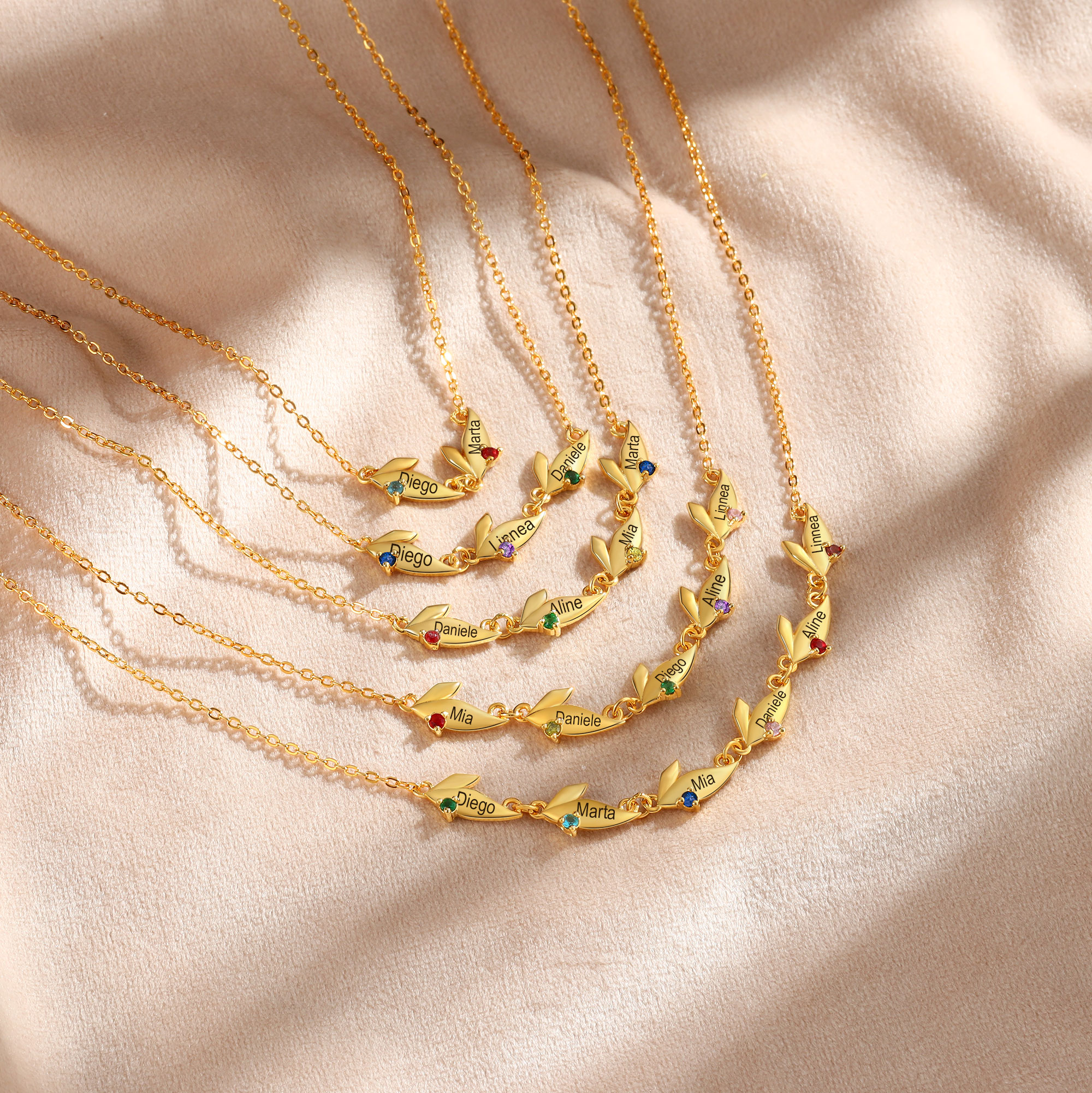Collar con colgante de hojas con 2-6 nombres personalizados y 2-6 piedras de nacimiento-Jessemade ES