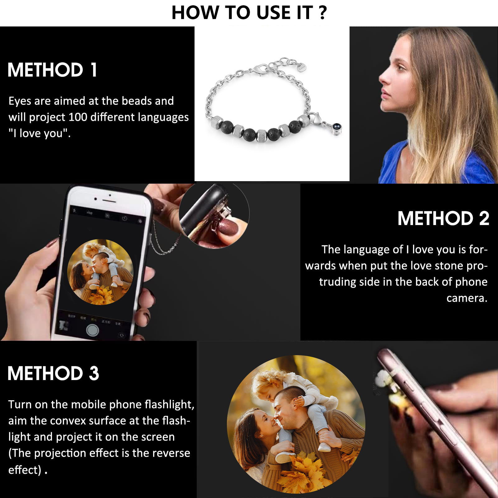 Pulsera de piedras con colgante de proyección de foto en color -Jessemade ES