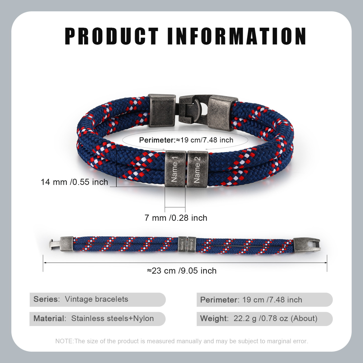 2-4 Nombres Personalizados Pulsera de Cuerda Azul Marino con Rojo y Blanco Aros de Acero Inoxidable-Jessemade ES