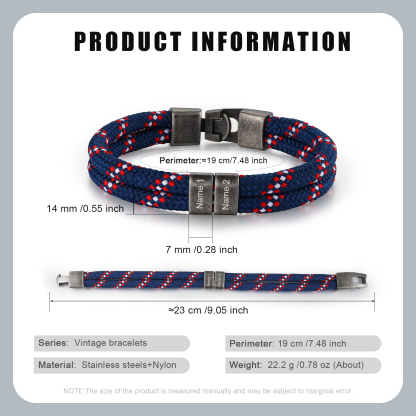 2-4 Nombres Personalizados Pulsera de Cuerda Azul Marino con Rojo y Blanco Aros de Acero Inoxidable-Jessemade ES