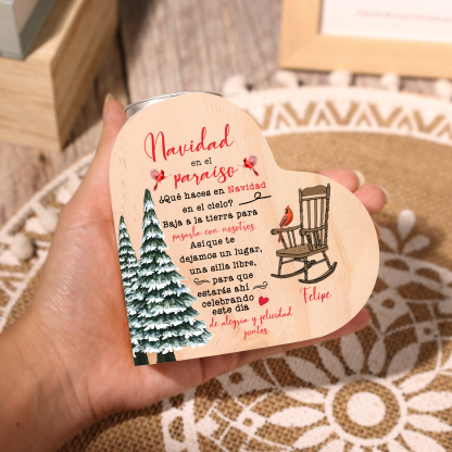 Navidad en el paraíso-Candelero de corazón en memoria de ser querido personalizado con nombre de madera sin vela-Jessemade ES
