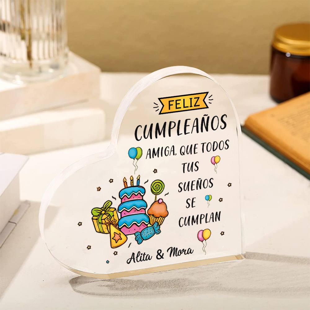 Cumpleaños-Placa de acrílico en forma de corazón para amiga con 2 nombres personalizados-Jessemade ES