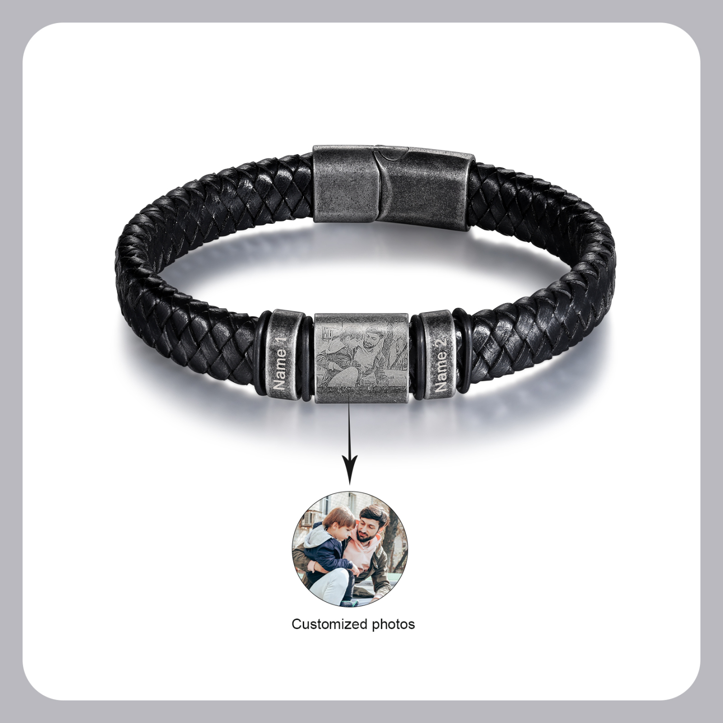 Pulsera 2-5 Nombres en Aros y Foto en Placa Personalizados de Cuero Trenzado