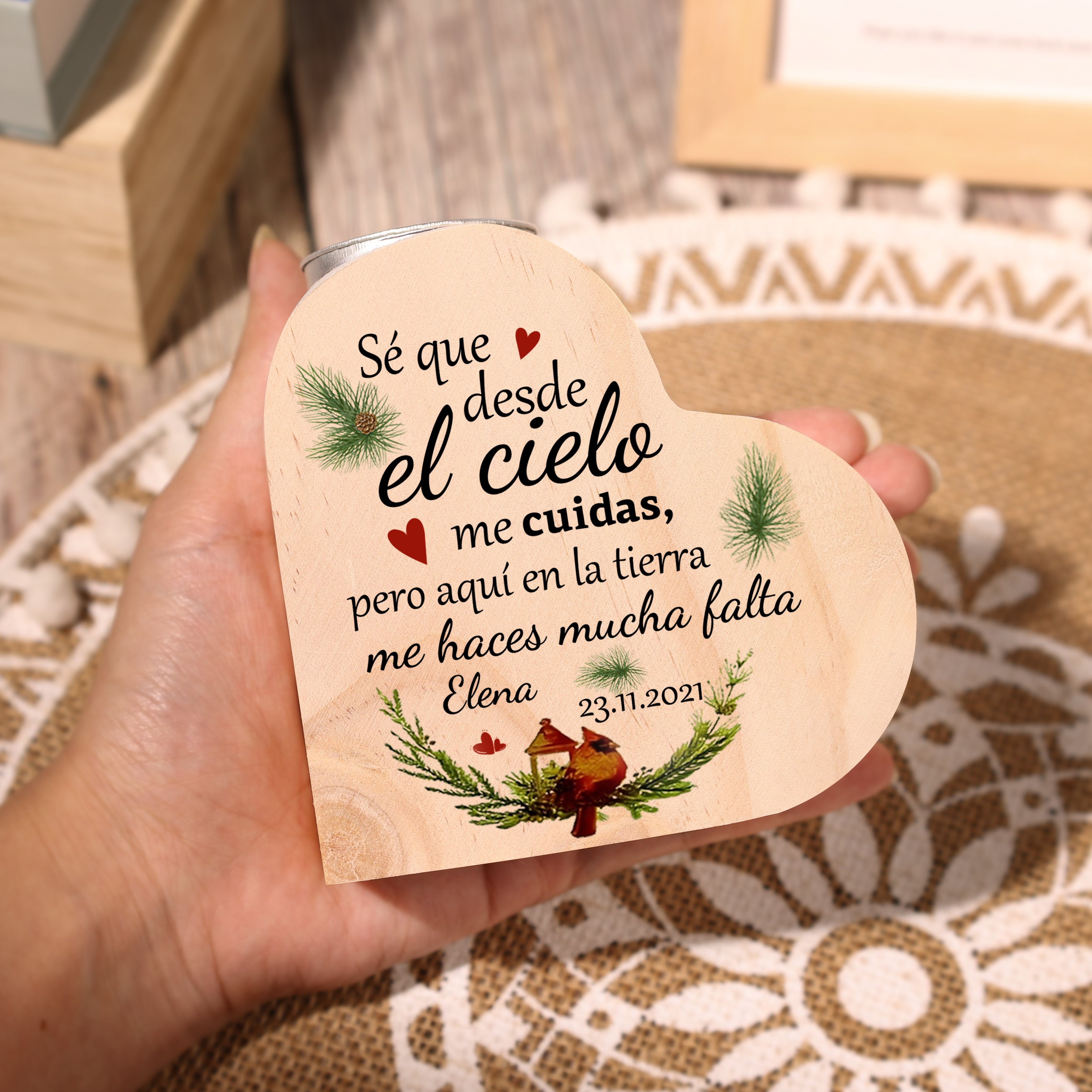 Navidad en el paraíso-Candelero de corazón en memoria de ser querido personalizado con nombre y fecha de madera sin vela-Jessemade ES
