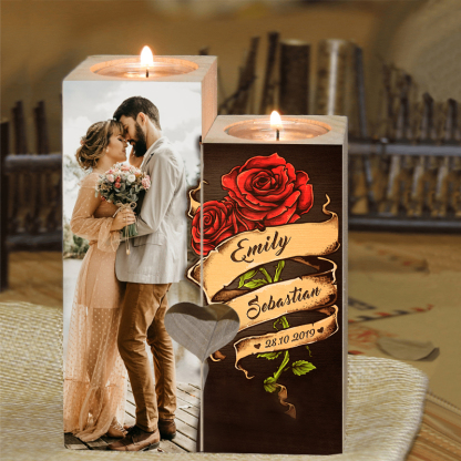 Candelero para pareja de madera de dos piezas sin candela con 2 nombres, fecha y foto personalizados-Jessemade ES
