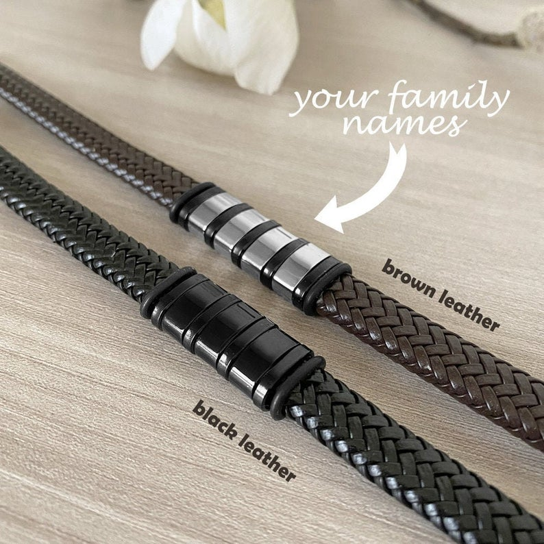 A mi querido-Pulsera de cuero trenzado de hombre con 4 perlas personalizadas con 4 nombres-Jessemade ES