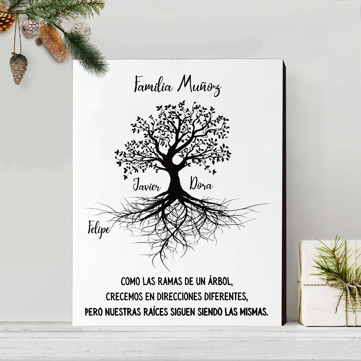 A mi familia-Lámina marco de madera Árbol de la Vida 1 texto y 3 nombres personalizados-Jessemade ES