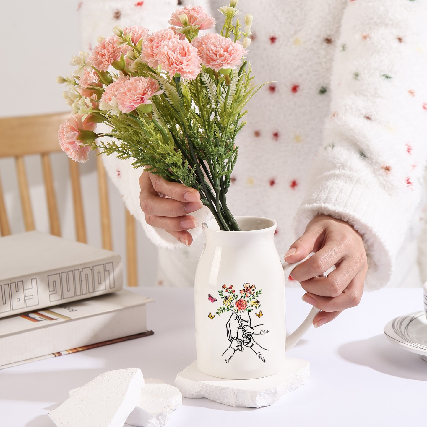 Florero de cerámica mano y manitos 2-8 nombres personalizados con texto decoración del hogar-Jessemade ES