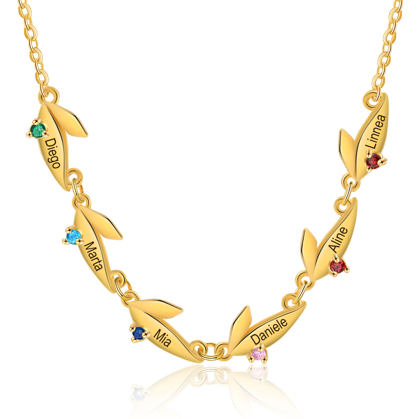 Collar con colgante de hojas con 2-6 nombres personalizados y 2-6 piedras de nacimiento-Jessemade ES