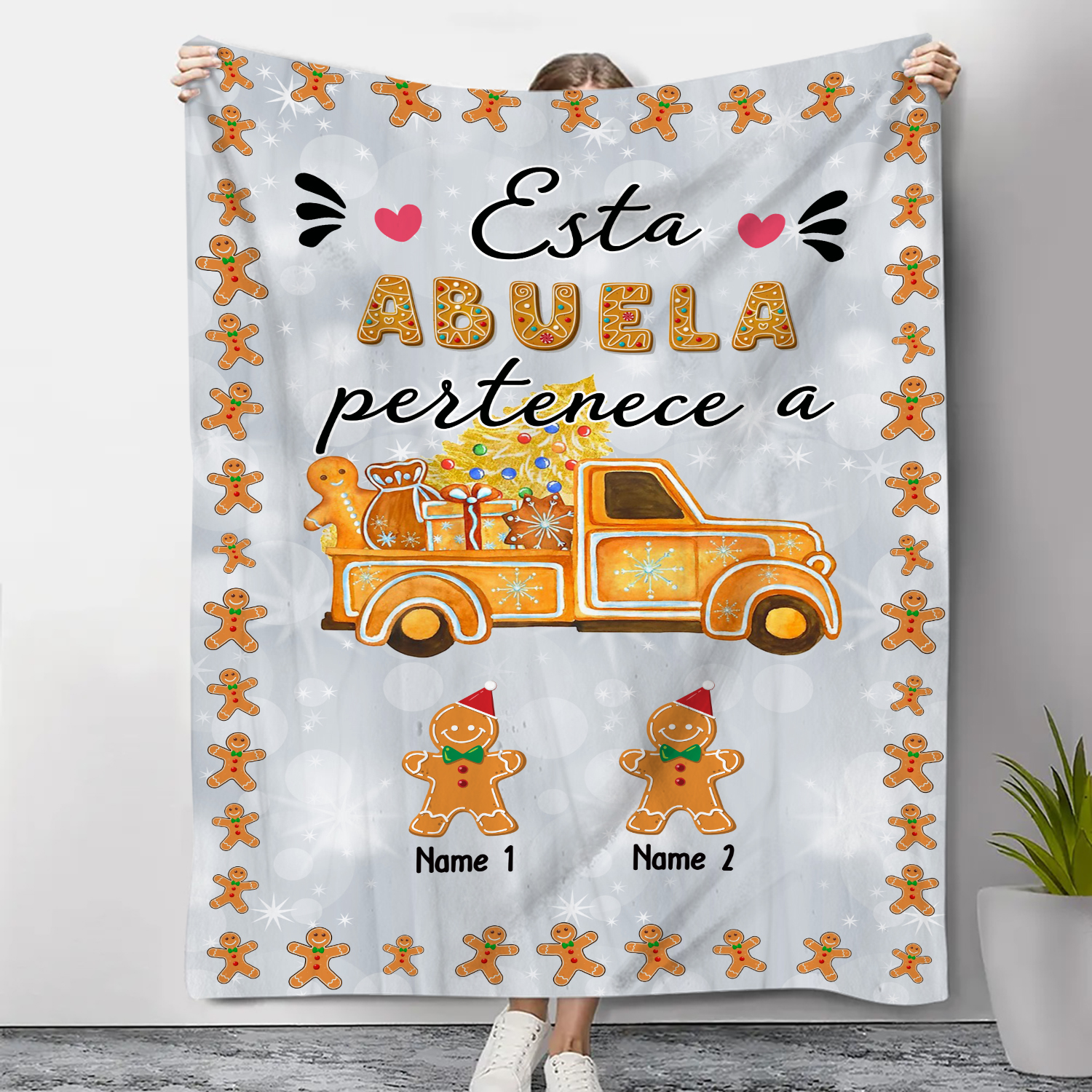 A mi abuela-Manta de buen calidad de Navidad hombres de jengibre personalizada con 2 nombres-Jessemade ES