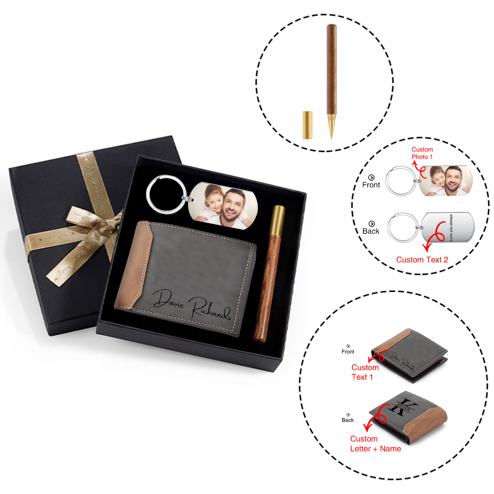 Kit de regalo-Llavero, cartera y bolígrafo con nombre, letra y 2 textos personalizados con foto para hombre-Jessemade ES