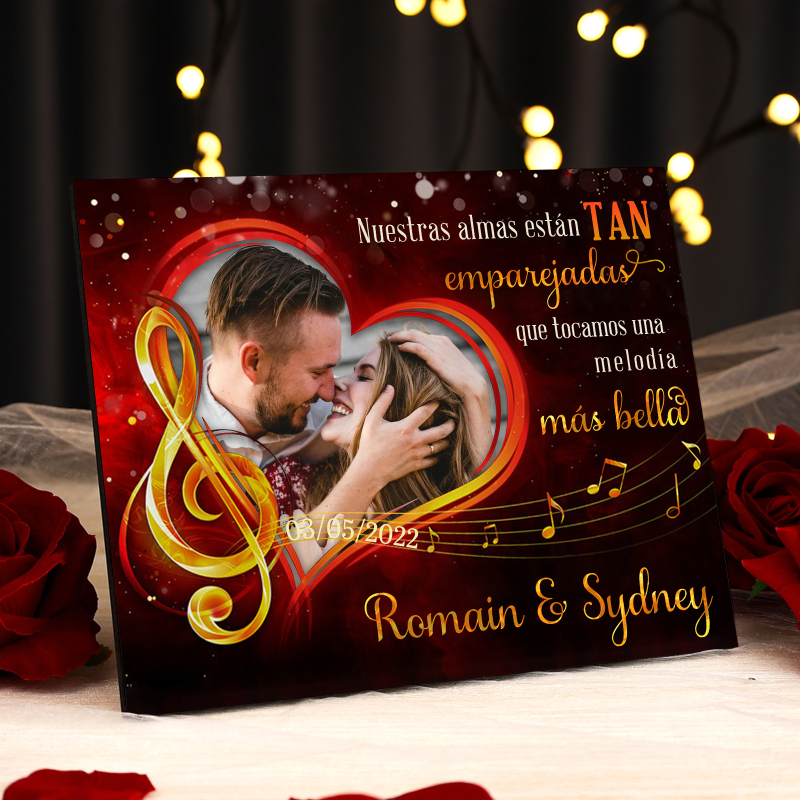 Lámina melodía marco de madera para pareja personalizado con 2 nombres, fecha y foto-Jessemade ES