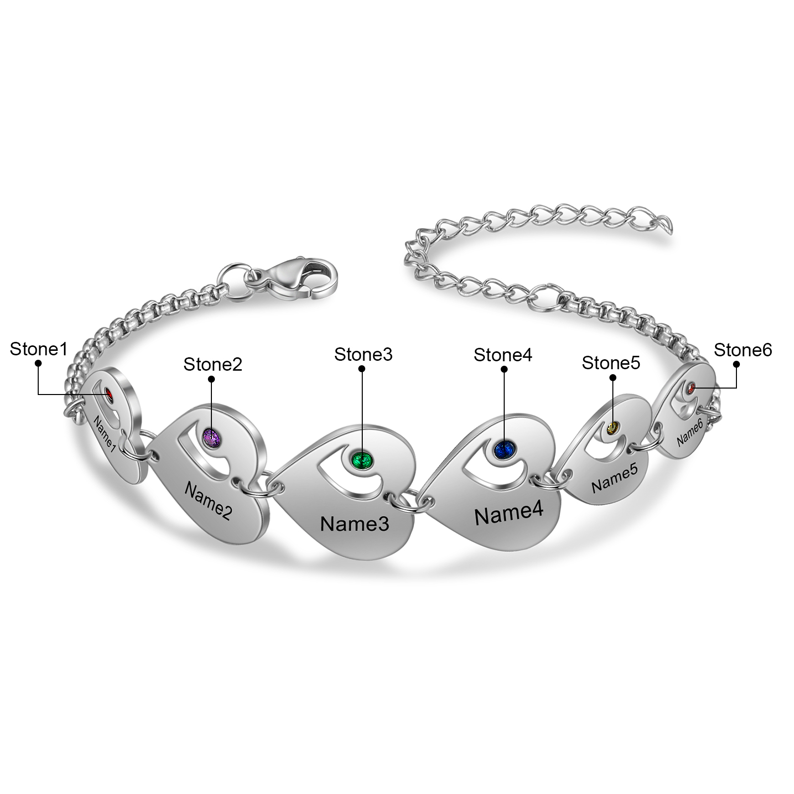 Pulsera de corazón personalizada con 6 nombres y 6 piedras de nacimiento-Jessemade ES