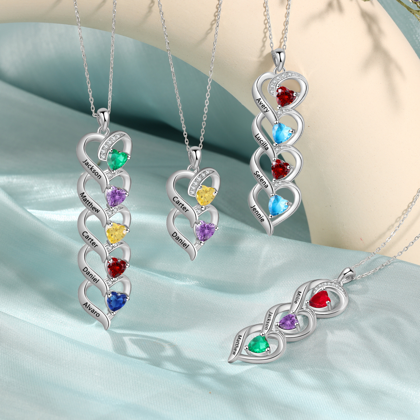 Collar de cinco corazones con 5 nombres y piedras de nacimiento personalizados-Jessemade ES