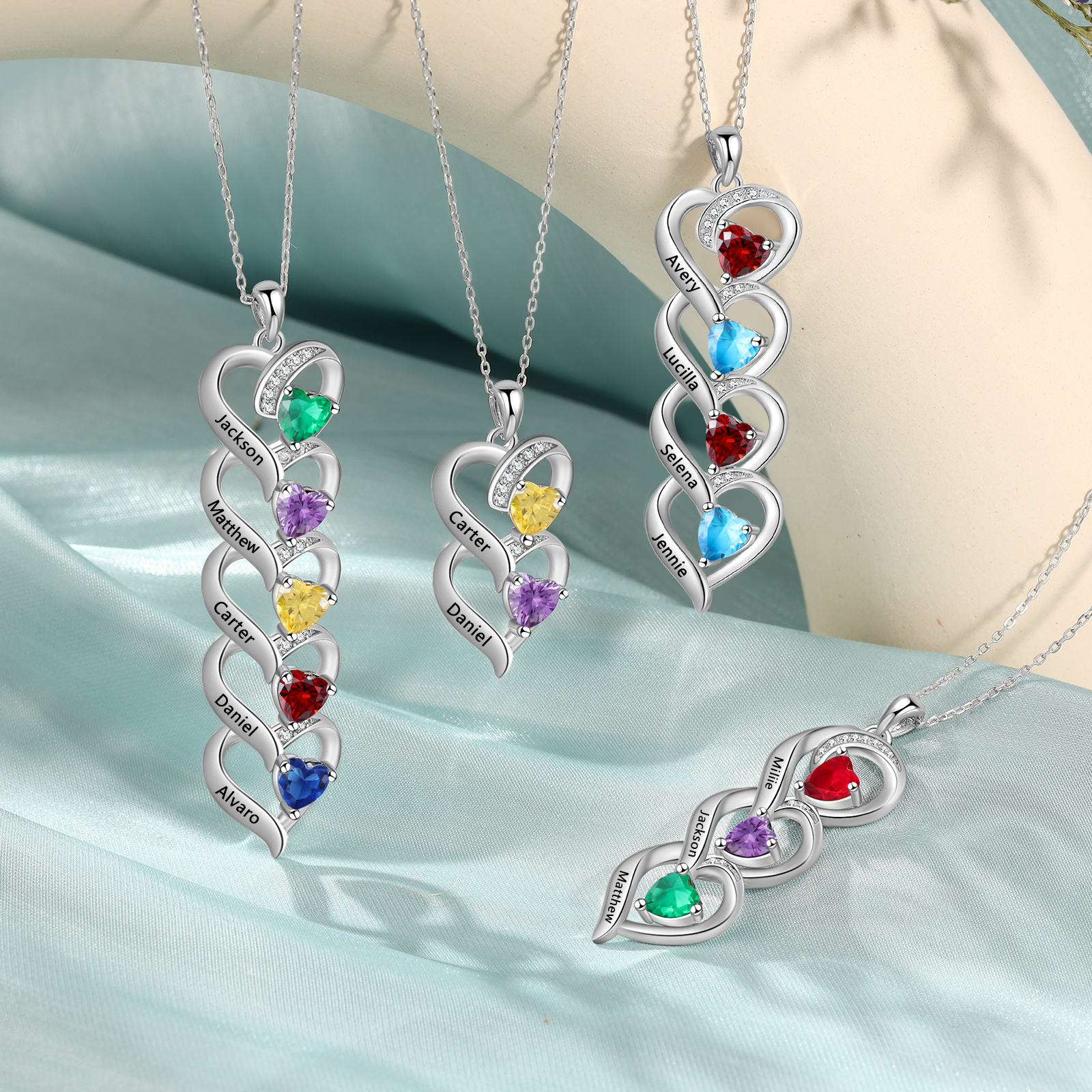 Collar de cinco corazones con 5 nombres y piedras de nacimiento personalizados-Jessemade ES