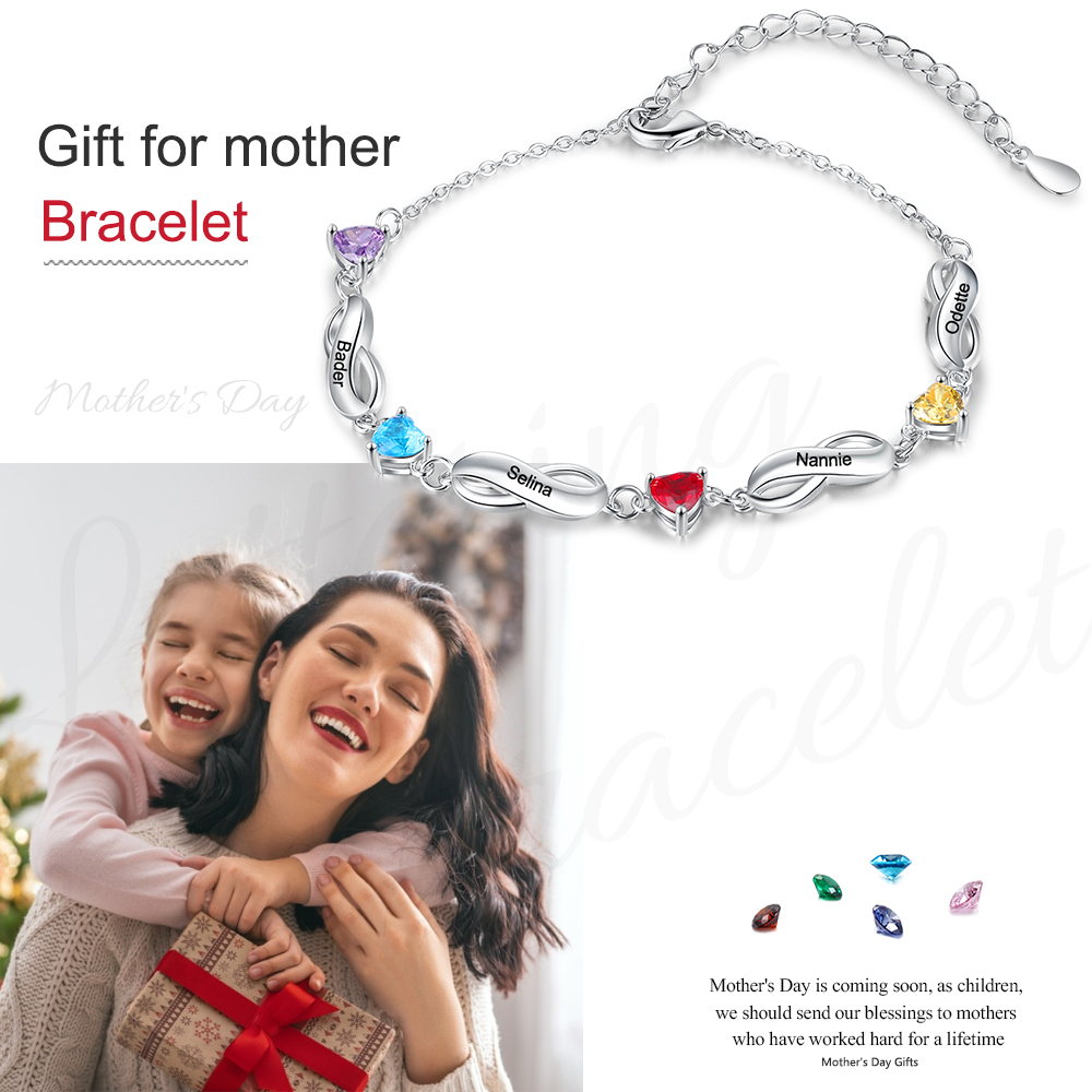 Pulsera "infinito" personalizada con 4 nombres y 4 piedras de nacimiento de corazón-Jessemade ES