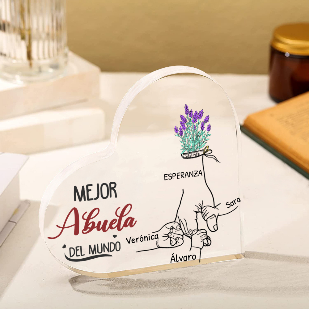 Abuela - Placa de acrílico en forma de corazón manos cogidas 2-7 nombres personalizados