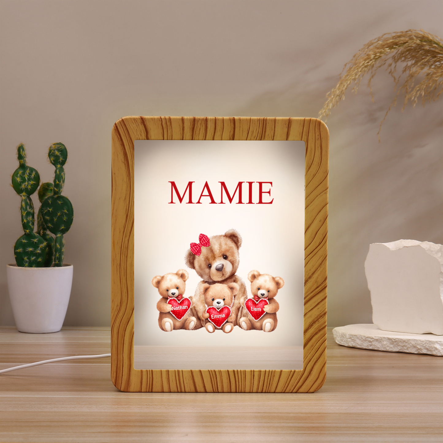 Marco/Espejo con LED Multifuncional Familia de Osos 1-4 Nombres Personalizados con 1 Texto-Jessemade ES