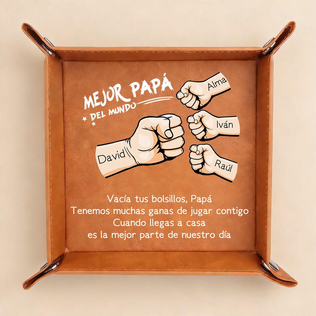 Bandeja vaciabolsillos de cuero personalizada para papá con 1 a 6 nombres y motivo de puño